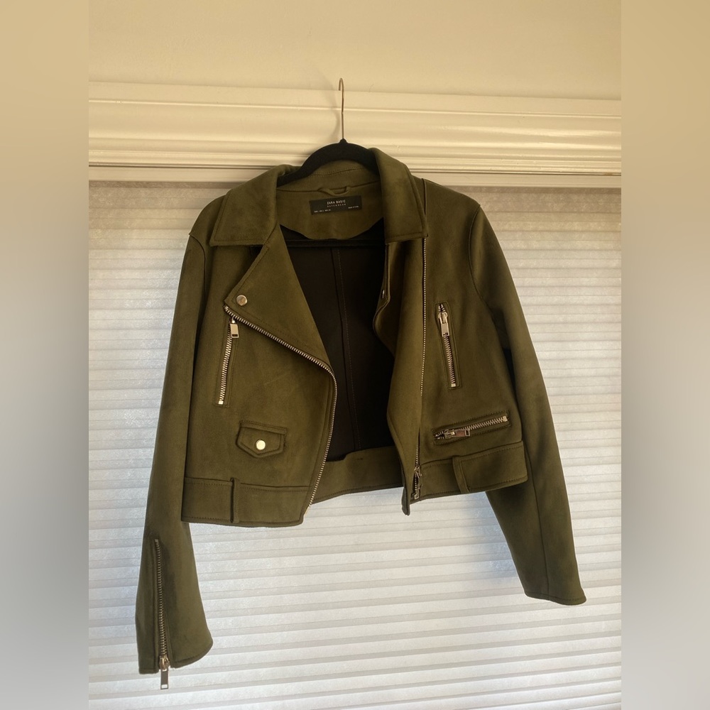 Zara dark green cropped suede jacket
